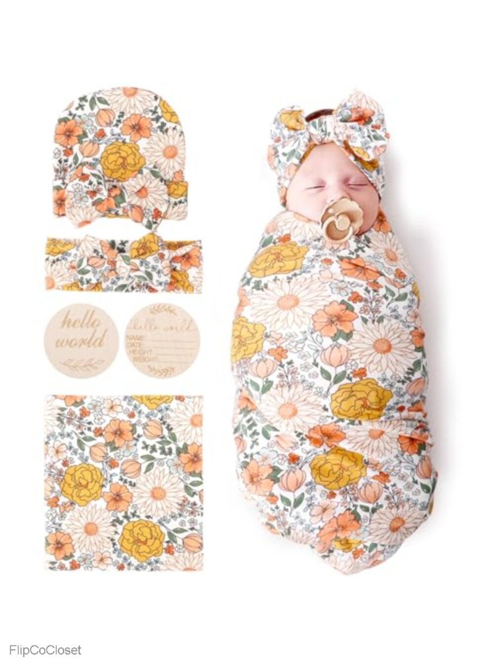 Bohemian Floral Baby Swaddle Blanket Set Receiving Blanket Hat Headband Newborn